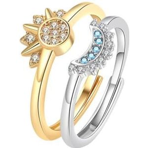TOFBS Dames ringen glanzend zon en maan verstelbaar goud zilver hemelse ring stapelbaar elegante ringen met diamanten belofte sieraden voor vrouwen Nieuwjaar