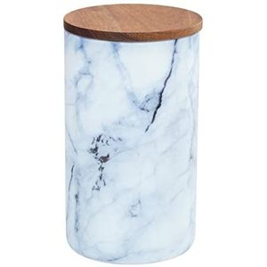 WENKO Mio opbergdoos van borosilicaatglas in marmerlook blauw/wit met luchtdicht deksel van FSC® gecertificeerd acaciahout 1,4 liter, Ø 11 x 19 cm