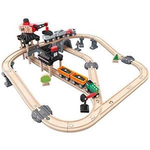 Hape Speelgoedset voor mijntrein, 64-delig, trein, locomotief, wagons en koopwaar, kraan, bewegwijzering, educatief spel voor kinderen vanaf 3 jaar, compatibel met traditionele merken