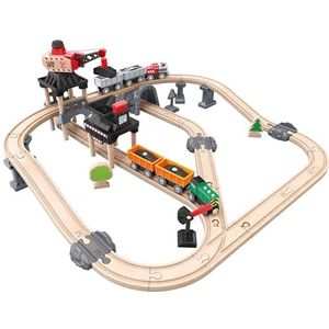 Hape Speelgoedset voor mijntrein, 64-delig, trein, locomotief, wagens en goederen, kraan, bewegwijzering - educatief spel voor kinderen vanaf 3 jaar - compatibel met traditionele merken
