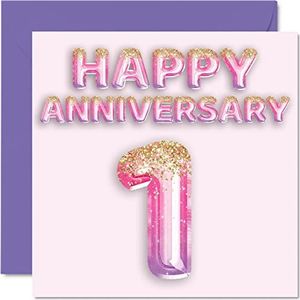 Schattige verjaardagskaart van papier voor vrouwen, vriendin, echtgenoot, vriend - glitterballonnen, roze paars - wenskaarten voor de 1e verjaardag van de familie, 145 mm x 145 mm
