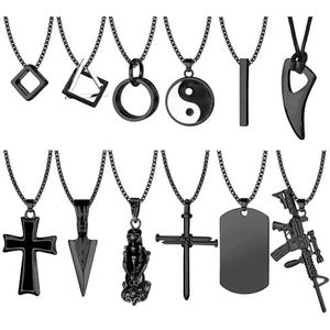 FIOROYAL Set van 12 roestvrij stalen hangers halsketting voor heren, gothic, cool, funky gothic, kruis, hond, tag, Yin Yang, driehoek, hanger, ketting, set, zwart en zilver, Legering, Kubieke zirkonia