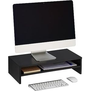 Relaxdays Monitorstandaard, extra plank, hoogte 14,5 x 54 x 25,5 cm, bureau-monitorverhoger, modern, zwart, vezelplaat