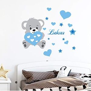 Ambiance Sticker s Gepersonaliseerde voornaam | sticker beer - wanddecoratie kinderkamer | 2 planken 30 x 35 cm en 50 x 30 cm - blauwe tint