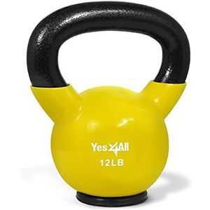 Yes4All NVF1 Kettlebell van gietijzer met vinylcoating, met rubberen beschermingsbasis, gewichtsset – kogelhalters meerkleurig, geel, 5,4 kg
