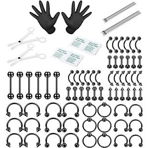 LOLIAS Set van 84 professionele piercings van roestvrij staal, 14 g, 16 g, voor navel, kraakbeen, helix, daith, septum, tong, tragus, tepel, lip, lichaamssieraden, Roestvrij staal