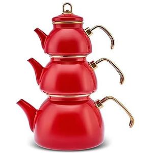 Karaca Emaye Retro theepotten, set van 3 stuks, rood, hoogwaardige emaille theepot voor stijlvolle, nostalgische avonden, inhoud 0,50 l, 1,1 l en 2,3 liter