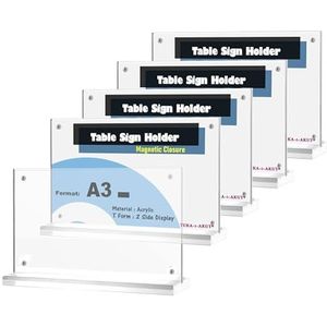 TUKA-i-AKUT 5 stuks A3 landschaps-acryl tafelhouders, magnetische sluiting, dubbelzijdige standaard, tafelhouder, T-tafelstandaard, reclamemenukaart, fotobrochure poster, 5 stuks
