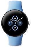 Google Pixel Watch 2 Behuizing van aluminium, zilver, gepolijst, sportarmband, azuurblauw, wifi