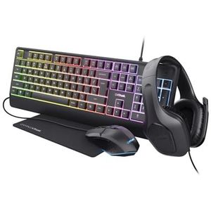 Trust Gaming GXT 792 Quadrox 4-in-1 spel toetsenbord en muis set, Nederlands QWERTY, lichtgewicht headset met microfoon, muismat, speelpakket voor pc, computer, laptop, kantoor -