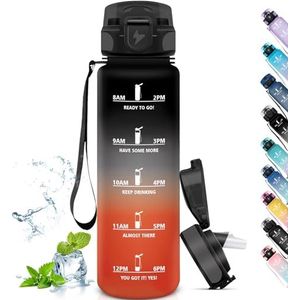Grsta Lekvrije sportfles, 1 liter, fles met tijdschaal, fles met rietje, gemakkelijk te reinigen, sportfles, fitness, fietsen, zwart en rood