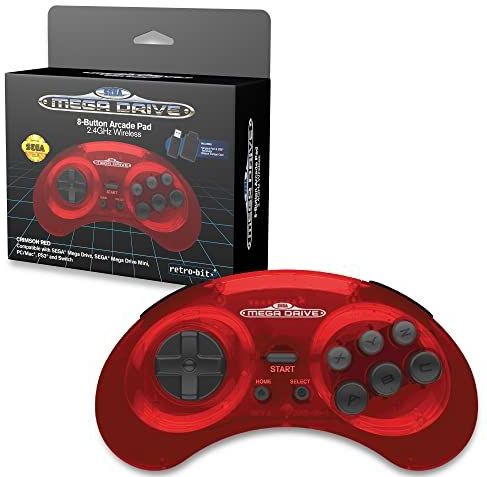 Retro-Bit Sega Mega Drive 2.4 GHz Wireless Controller 8-Button Arcade Pad for Sega Genesis Original/Mini, Switch, PC, Mac - Includes 2 Receivers & Storage Case (Crimson Red) (Nintendo Switch)