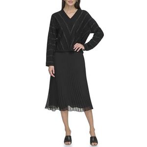 DKNY Sweat-shirt à manches longues et col en V pour femme, Noir, L