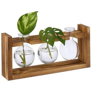 Relaxdays stekstation - bolvormige stek vaasjes met houten rekje - 13 x 28 x 6,5 cm