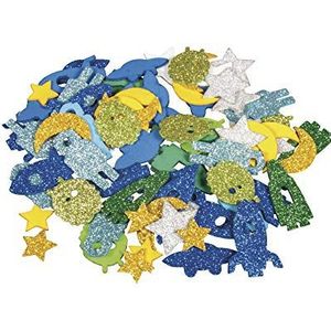 Rayher 30232000 schuimrubber ruimte-mix glitter, 2-3 cm, 80 stuks, zelfklevend, kleuren/motieven gemengd, glitterschuimstickers, schuimrubberen stickers, om te decoreren, kleurrijk