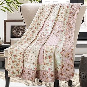 Roze patchwork katoenen deken voor bank en tweepersoonsbed, 152,4 x 203,2 cm, omkeerbare gewatteerde sprei met bloemenpatroon, zacht en licht dekbedovertrek voor bed, bank, decoratie