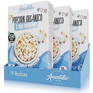 Anaconda Foods 3 blikjes biologische microgolfoven-popcorn met zeezoutsmaak, nul vet, Plant Based, 3 blikjes met 3 enveloppen van 75 g c/u, totaal pakket: 675 g
