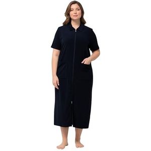Ulla Popken Badjas, overhemdkraag, 2-weg ritssluiting, halflange mouwen, badstof, badjas voor dames, Nachtblauw.