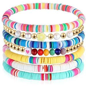 Heishi kleurrijke armbanden met kleikralen, preppy sieraden, rekbaar, stapelbaar, strandarmbanden voor dames, meisjes, 7 stuks