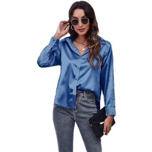 Clotth Dameshemd met lange mouwen van imitatiezijde, button-down T-shirt voor dames, Blauw L