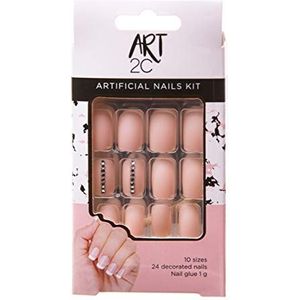Art 2C - 24 kunstnagels in 10 verschillende maten en gemakkelijk te verwijderen, met perfecte vorm en lijm, roze/kleine strassteentjes 037