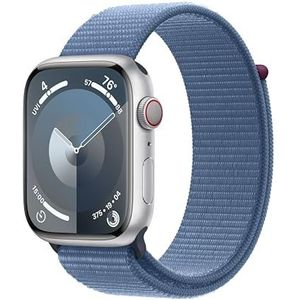 Apple Watch Series 9 (45 mm GPS + Cellular) Smartwatch met zilveren aluminium behuizing en sportgesp winterblauw. Tracker voor fysieke activiteit, apps voor zuurstof in het bloed en ECG, CO2-neutraal