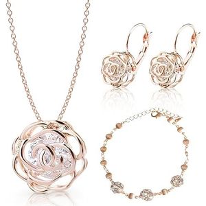 Crystalline Azuria Damesset van rozen halsketting en hangers hefboom rug oorbellen armband 18 kt roségoud verguld met witte kristallen, Metaal