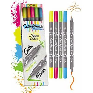Calli.Brush Neon Set 5 stuks kalligrafiepennen met twee zijden (2 mm kalligrafie en flexibele penseelzijde) voor handlettering/bullet journaling/creatief schrijven