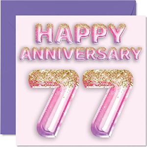 Schattige 77e verjaardagskaart voor vrouwen, vriendin, echtgenoot, vriend, ballon met glitter, roze violet, verjaardagskaarten, wenskaarten, 77 jaar, 145 mm x 145 mm