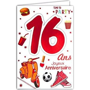 Afie 69-2116 verjaardagskaart voor de 16e verjaardag, rood, glanzend, voor tieners, jongens, meisjes, scooter, geschenken, basketbal, voetbal