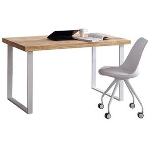 Werktafel, model Natural. Plaat van hout, kleur Nordic eiken 54 mm dik, metalen poten, wit, 120 x 60 x 73 cm