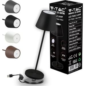 V-TAC Led-tafellamp, dimbaar, draadloos, met touch-bediening, zwarte oplaadbare lamp voor binnen en buiten, IP54, thuis, restaurant, 4400 mAh batterij, warmwit