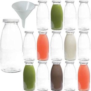 Viva Haushaltswaren Set glazen flessen / melkflessen 250 ml met schroeftrechter - zilver, glas, deksel wit, 15 x 250 ml
