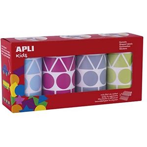 APLI Kids 19190 Set van 4 rollen geassorteerde geometrische stickers, 27 mm, educatieve stickers in blauw, fuchsia, grijs, groen