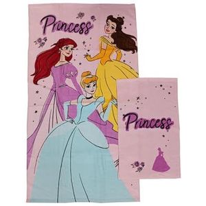 Princess Disney Set van 2 badstof badhanddoeken, badhanddoek, gezichtshanddoek, bidethanddoek, roze, katoen, 100%, set van 2 stuks, officieel product