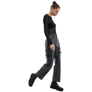 Koton Pantalon cargo en cuir synthétique pour femme, effet délavé, taille standard, jambes droites, Anthracite (927), 36