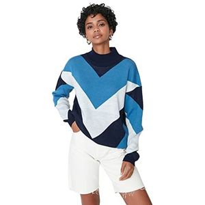 Trendyol Standaard opstaande kraag pullover colorblock trainingspak dames, marineblauw, L, Navy Blauw