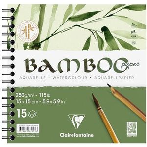 Clairefontaine 975924C Spiraalblok met bamboekop, 15 vellen papier, 100% bamboe, aquarel, wit, 100% veganistisch, fijn gemarkeerde korrel, 15 x 15 cm, 250 g