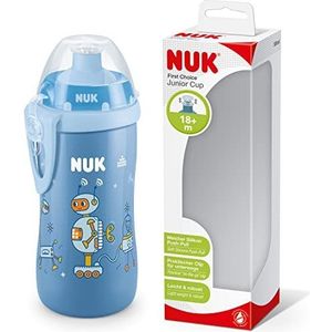 NUK Junior Cup leerfles met push-pull-uitloop, 300 ml, vanaf 18 maanden, lekvrij, clip, BPA-vrij, robot, blauw