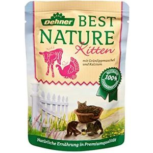 Dehner Best Nature Kattenvoer, mastiek, kalfsvlees en kalkoen, met groene lippenvorm, in zak van 16 x 85 g (1,36 kg)