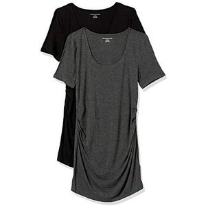 Amazon Essentials Lot de 2 t-shirts de maternité à manches courtes et encolure dégagée froncée pour femme, anthracite chiné/noir, XS