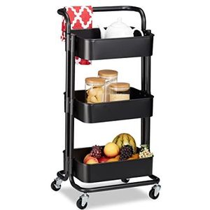 Relaxdays Trolley op wielen, 2 remmen, voor alle diensten in keuken, kantoor, badkamer, metalen rek, zwart