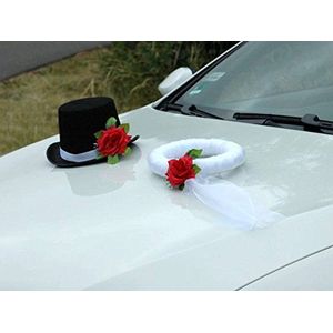 Autodecoratie met sluier en hoed, roze, voor bruiloft, rood