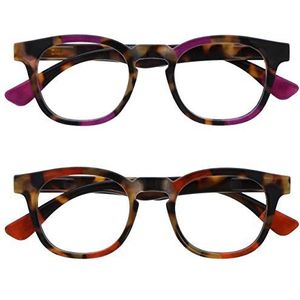 OPULIZE Ava Lunettes de Lecture Pack de 2 Avec Monture Arrondi Flatteur Charnières à Ressort Anti-Rayures Écailles de Marron Touche de Violet Rouge Hommes Femmes RR62-5Z +3.50