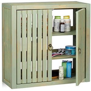 Relaxdays Vintage bamboe wandkast met 2 deuren, magneetsluiting, 2 legplanken, badkamer, keuken, 50 x 52 x 20 cm, groen