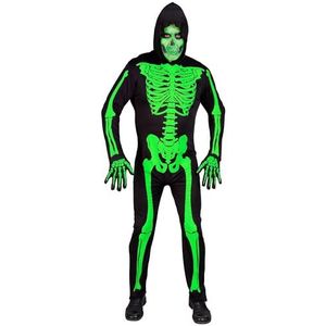Widmann - Skeletkostuum overall met capuchon, neon, schijnt onder UV-licht, Halloween-kostuum