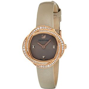 Swarovski Crystal Flower horloge, leren armband, grijs, PVD roségoud, riem, riem