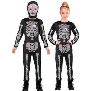 Widmann - 2-delig kinderkostuum skelet glitter overall en masker met capuchon, doodshoofd, botten, bekleding, themafeest, carnaval, Halloween