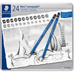 Staedtler 100 G24 Mars Lumograph Metalen Doos, 24 Verschillende Grafietpotloden