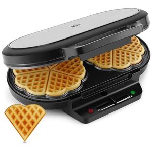 YASHE Hart wafelmachine, 10 klassieke wafels in hartvorm met antiaanbaklaag, 5 instelbare temperatuurinstellingen, controlelampjes, anti-overloop, 1200 W, zilver/zwart
